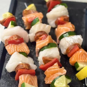 3 brochettes cabillaud saumon chorizo